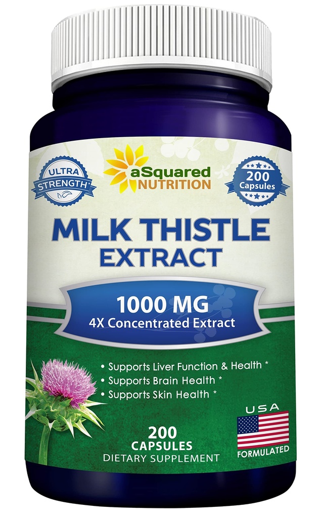 aSquared 营养 牛奶 硝酸盐补充1000mg-200 Capsules,Max strong 4X 聚焦 摘录 4:1 牛奶 硝酸盐 种子粉草药丸,1000 mg Silymarin 提取用于肝脏支持,清洁,除毒