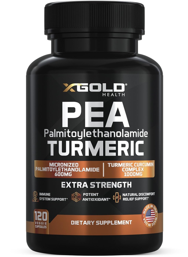 Pea Palmitoyl乙醇酰胺 + Turmeric Crucumin Complex — 1600mg 微尼化 99%和95% Crucuminoids — 高概率联合支持,流动和舒适 — 在美国制造