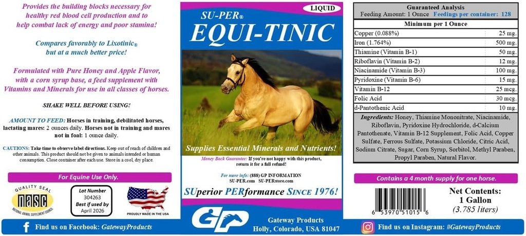 SU-PER Equi-Tinic马匹矿物补充品 -- -- 健康血细胞和能量的基本矿物和营养剂 -- -- 1加仑