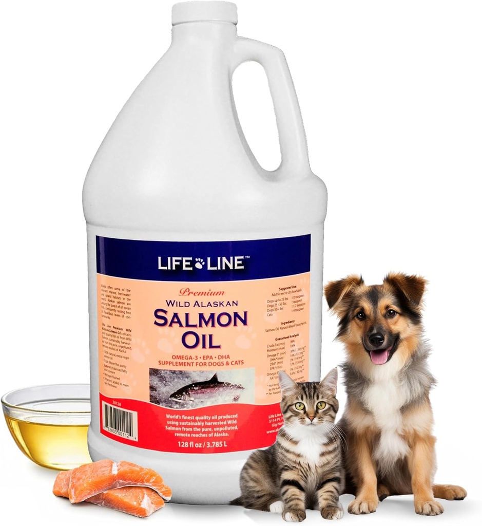 生活线 野生阿拉斯加沙门石油换狗和猫 ^ Omega-3 鱼油补充品换皮肤健康 光亮大衣与联合支持 – 128 oz