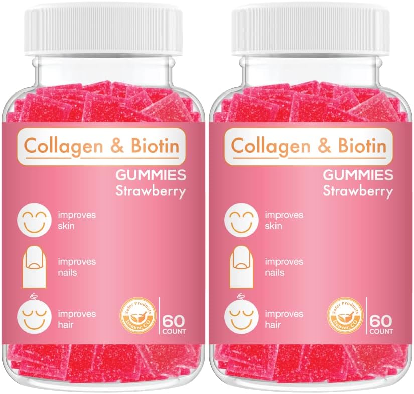 Collagen Biotin Gummys - 支持毛发,皮肤和钉子毛发生长抗衰老护理 美味的Gummy Vitamins, Vegan, Non-GMO, Gluten Free, Gelatin草莓 Flawvor 120 Count, Pink