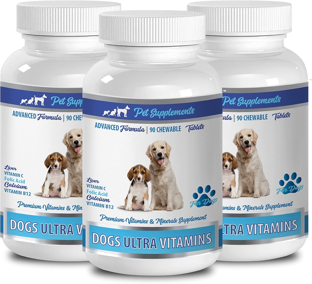 犬类矿物 维生素 - 狗类的超维生素 - 嚼子 - 强力配方 - 矿物复合体 - 狗钙片 - 270 处理(3瓶)