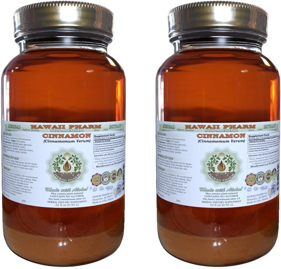 肉桂无酒精液体萃取 肉桂(Cinnamomum Verum) 干巴克 甘油(Glycerite) 夏威夷药草 天然草药 补充 2x32 oz 未过滤