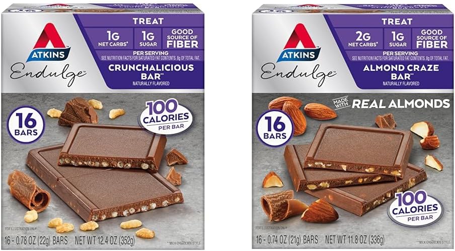 Atkins Endulge Treat Bars, Crunchalicious & Almond Craze Flavors, 1–2g Net Carbs, 1g 糖,好纤维源头, Keto 友好, 16 计数