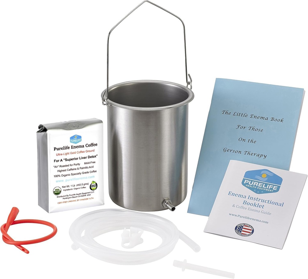纯活解毒咖啡 咖啡 Enema Kit - 在美国制造 - 2 Qt / 美国高级无毒 质量 / 1 lb 纯活解毒 极光金 咖啡 - 实验室测试 无菌毒素 - 硅酮 Tubing