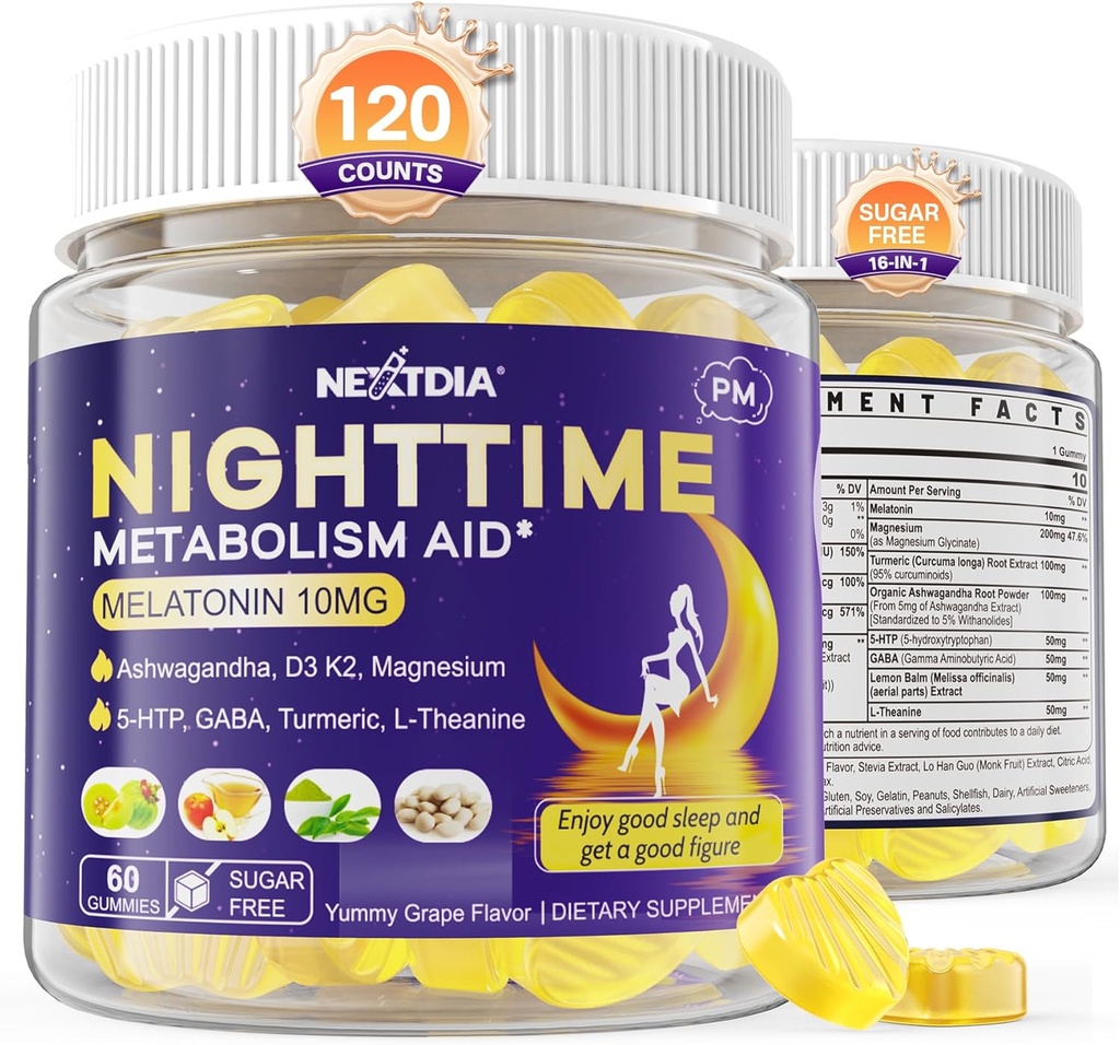 Melatonin 10 mg Gummys, 成人的夜间代谢症 Gummys, Crush Exclusional Hoarding While You rest, 推广健康Zzzs, 配有Magnesium, Ashwagandha, 5-HTP, GABA, 100%无毒品,Sugar Free 2Packs