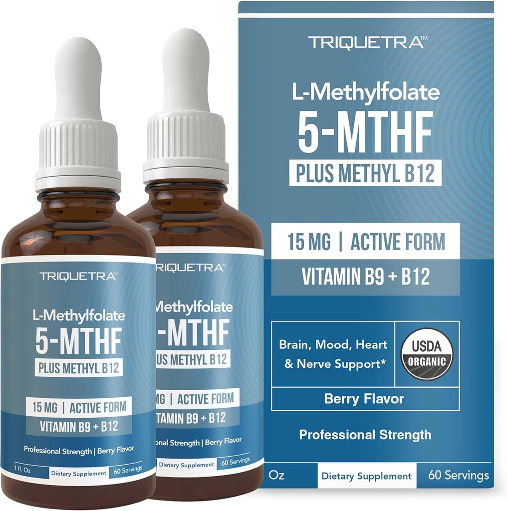 L Methyl Folate 15mg + Methy B12 有机物、Berry Flavor、专业力量、液体亚语言、活性5-MTHF形式 - 支持Mood、Homocysteine甲基化、认知(1oz-2 Pack)