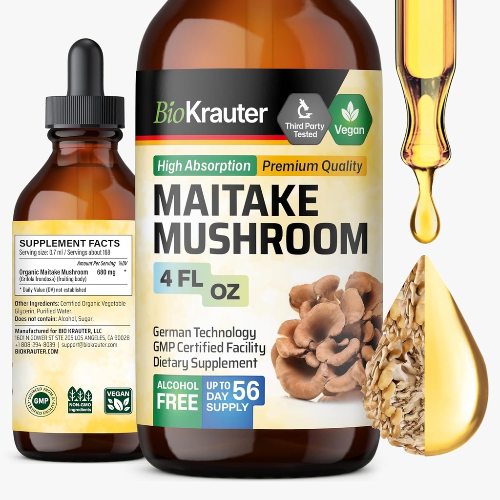 BIO KRAUTER Maitake蘑菇提取器 - Maitake 液体补充剂用于免疫支持 - 每服680毫克 - Vegan,酒精和糖自由滴4 Fl.Oz.
