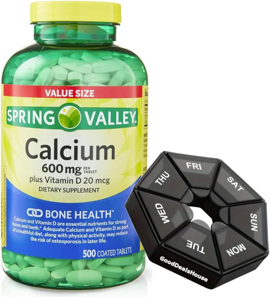 春季 - 谷钙 600 mg + 维生素 D 20 mcg - 500 与每周药丸组织者 GoodDeals House - Bone 健康饮食补充片