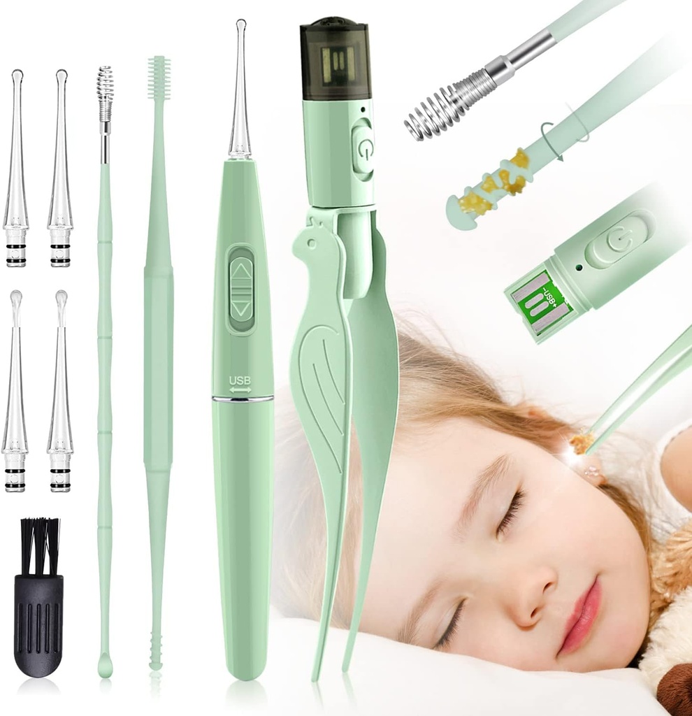 耳蜡清除工具,9 Pack Ear清洁工具,Ear Pick with 2 LED Lights,为儿童和成年人建造USB耳蜡清除器