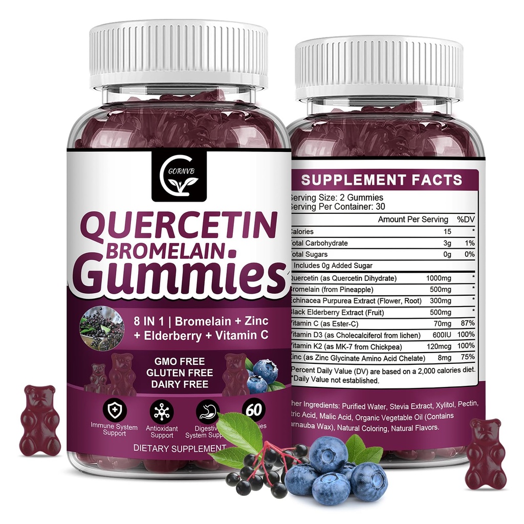 Quercetin Gummys with Bromelain 2378mg - 与长老莓混合,Echinacea Purpurea 提取,锌,维生素C,D3,K2,复合支持免疫,心血管和呼吸,Vegan Gummy for Adult & Kid