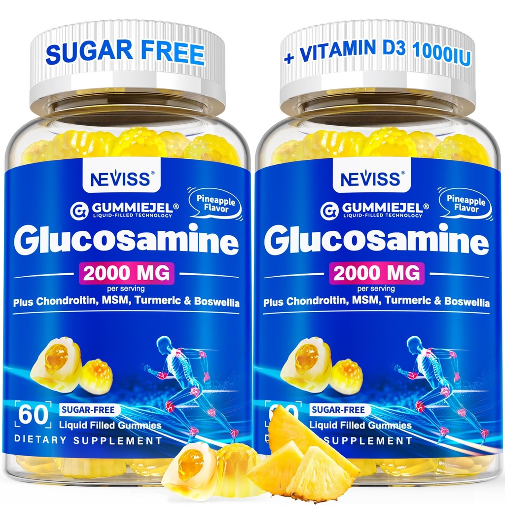 不含糖的葡萄糖胺 填充果糖 - Glucosamine Supplement Plus Chondroitin, MSM, Turmeric, Boswellia, Hyaluronic Acid, 维生素D3 & Zinc, 120 Gummys, 60 services