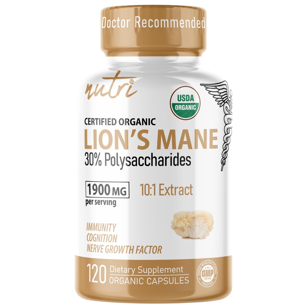 自然结合 营养 有机狮子 Mane 补充 Capsules - 1900 mg, 10:1 双萃取 120 计数 - 蘑菇提取(Fruiting Body) - 第三方测试