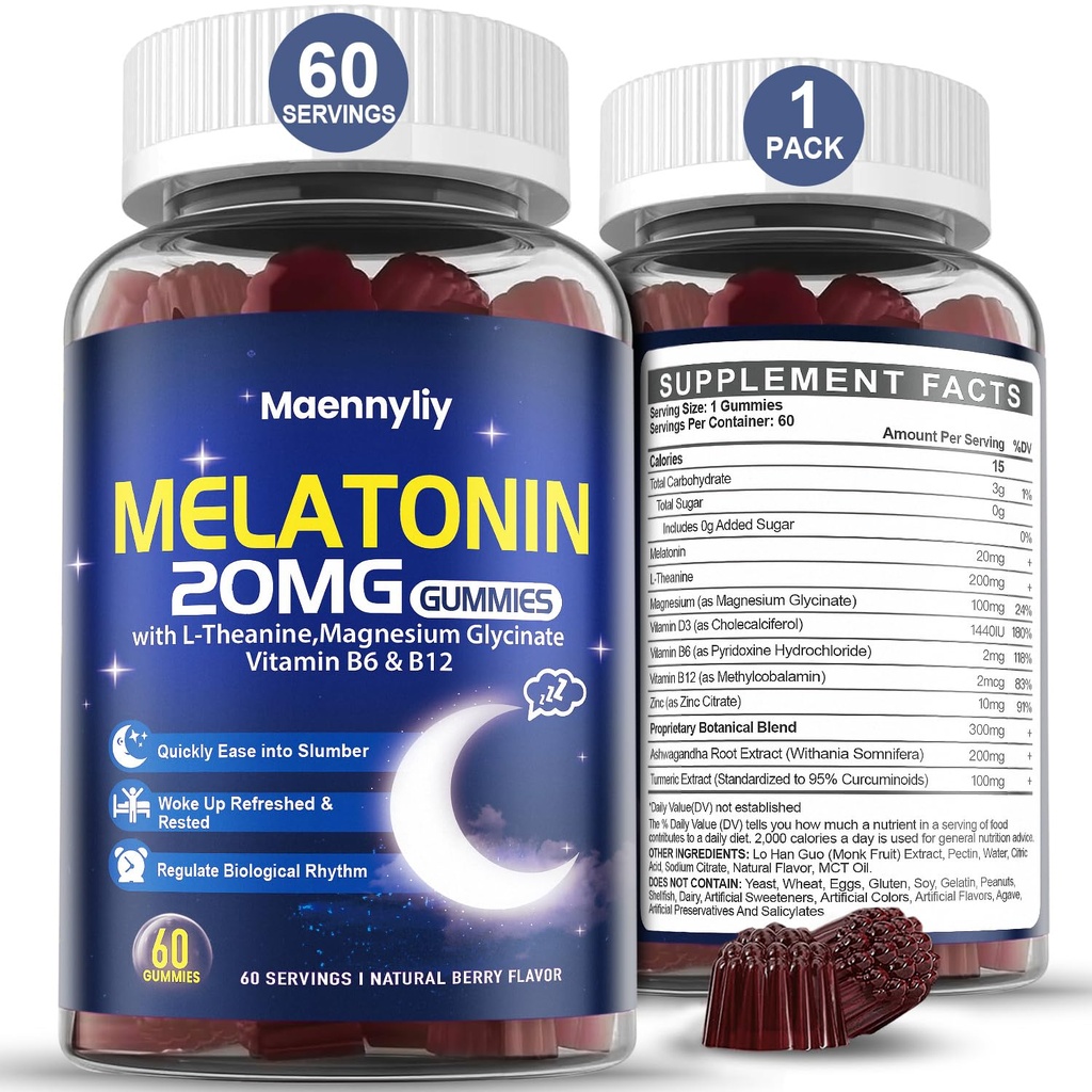 Melatonin 20 mg 成年人的Gummys - 不含糖的Melatonin Gummys 外加L- Theanine, 镁, Ashwagandha, Turmeric, D3 & Zinc - 非哈比特成型