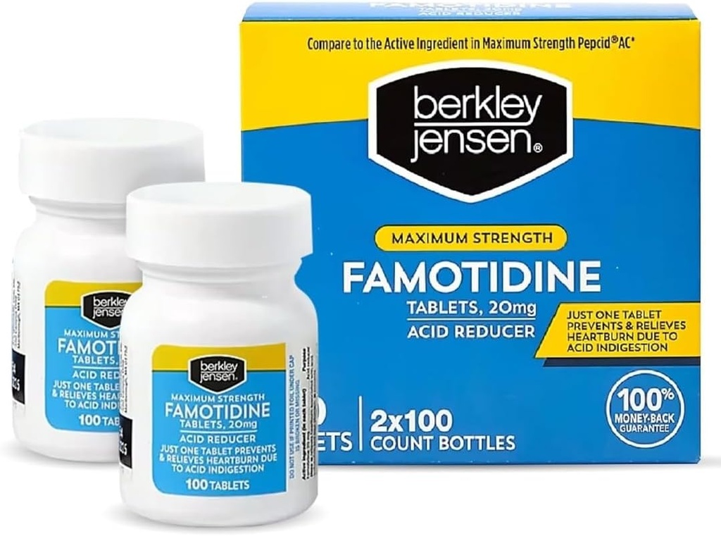 Berkley jensen 最大强度 Famotidine 20 毫克 - (200 个计数), 减酸剂片, 解禁食用诱导的心脏烧伤和酸性消化症状,全日心脏烧伤预防和救济