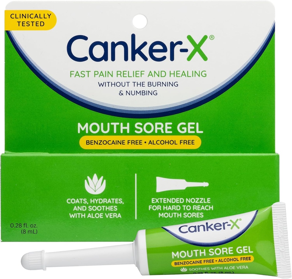 Canker-X口酸胶、Canker Sores快速疼痛救济和康复、Cheek Bites和口服Abrasion、口服疼痛救济、Benzocaine-无酒精、成人和儿童6+ 年份,0.28弗兹