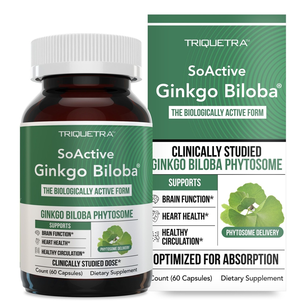 SoAactive Ginkgo Biloba with GinkgoSelect * * * 临床研究增强脑、心和记忆支持吸收180 mg -- -- 帮助维持循环和认知健康(60 Capsules)