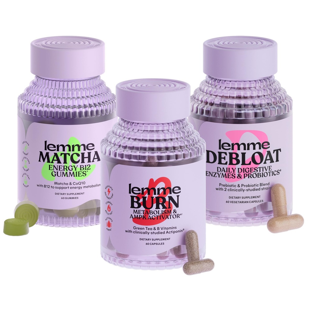 Lemme Burn, Debloat & Matcha Bundle - 代谢和脂肪燃烧卡普尔 + Bloating & Gas Relief Caps + Energy B12 Gummys - Gluten-Free,非GMO - 60 ct. ea.