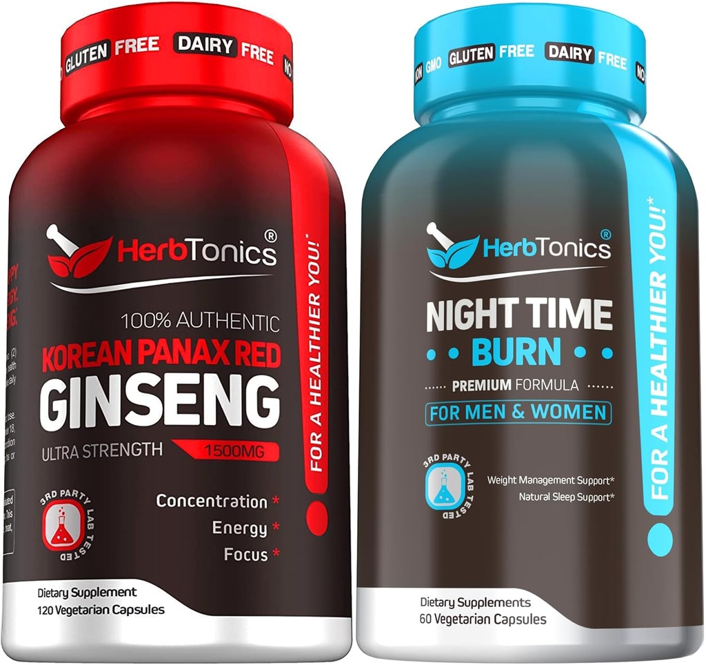 韩国Red Panax Ginseng 1500mg - 能源,性能和免疫支持的HighPotency Ginseng 男与女 - 与Melatolin一起支持睡眠和代谢的夜间时间重量补充