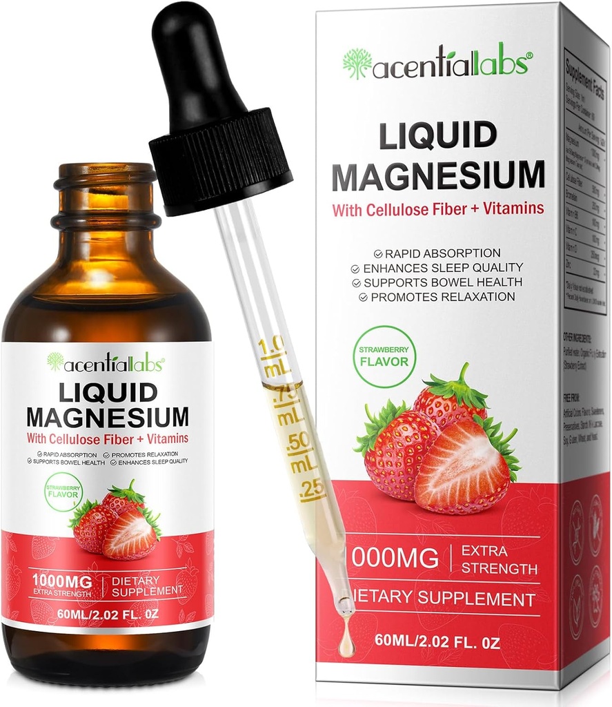 甘油酸镁液体,Liquid镁1000Mg,镁滴,Liquid镁补充物,配有纤维素纤维,维生素B6,C,D,锌,消化健康,促进放松,无糖,Fl Oz