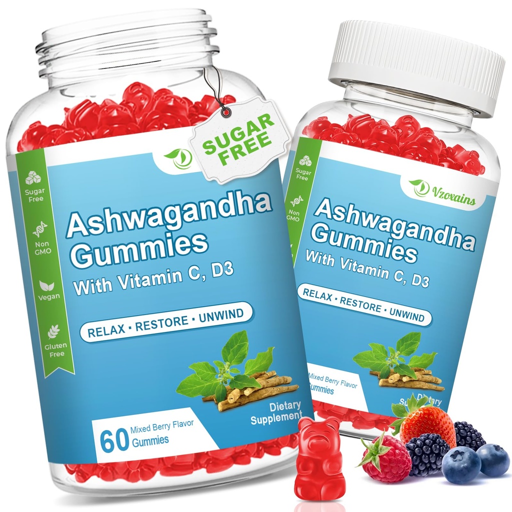 2 Pack Ashwagandha Gummys 配有 " 女性和男性维生素D " , " 无糖Vegan 1000MG Ashwagandha 补充Gummy & Vitamin C " ,120个
