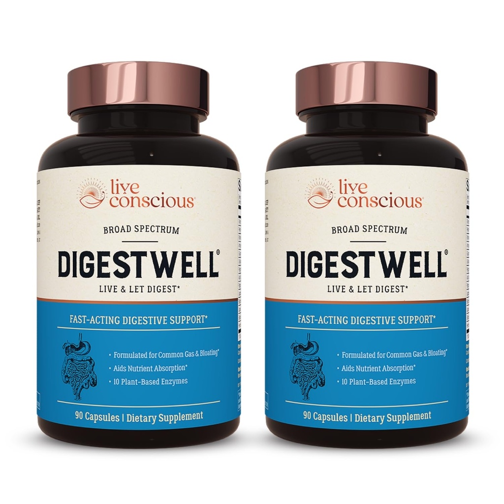 Live Agency DigestWell 即时支持 - 快动作文摘支持 - 宽谱酶,Probiotic & Herbal公式 - 每日减少气体和布洛廷 - 90 Capsules (2-Pack)