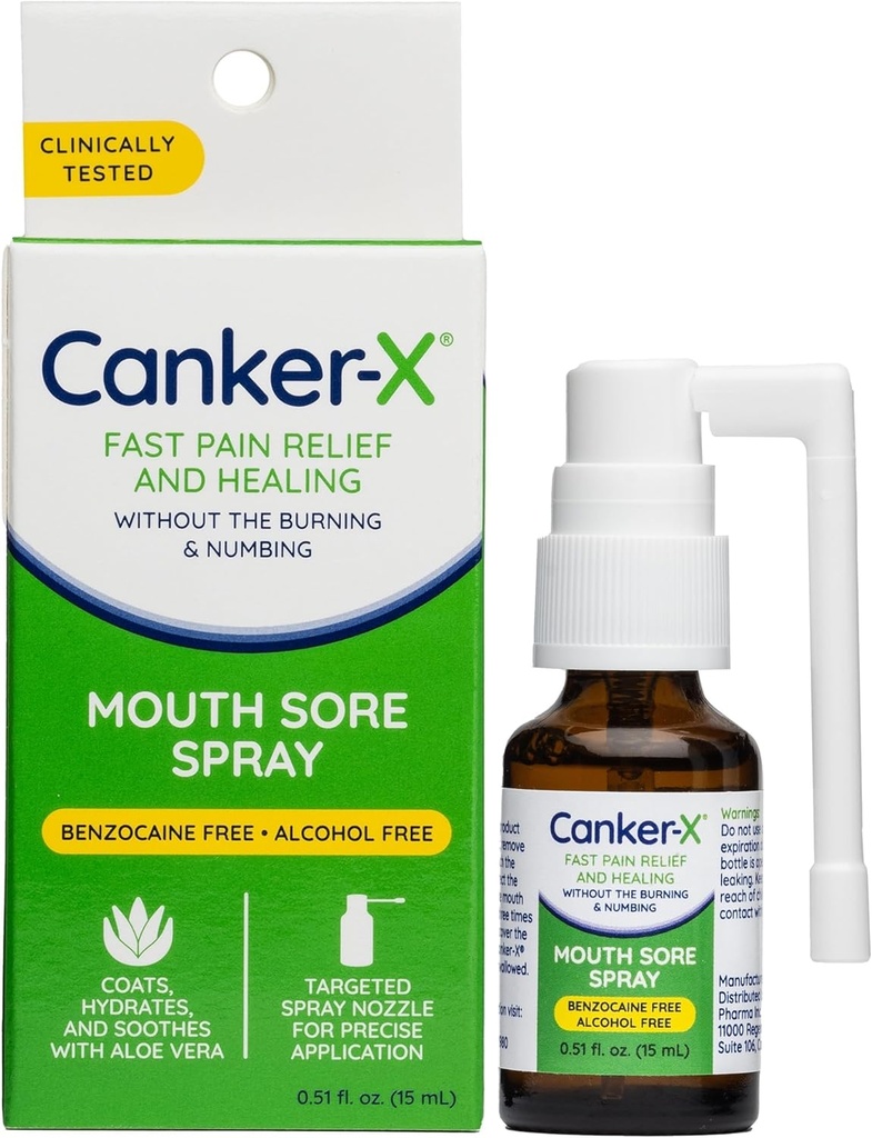 Canker-X口酸喷洒,来自Canker Sores的口服止痛药,Burns & More,No Burning & Numbing,Benzocaine-Free & 酒精无口酸性治疗,定向喷洒诺兹尔,0.51 Fl. Oz.
