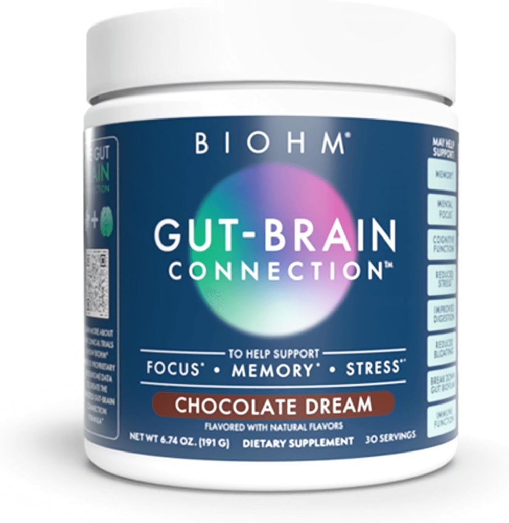 BIOHM Gut-Brain Connection Memory & Focus Supplement (6.74 Oz, 30 services) 支持 Gut Health & Connective Well-Being, 帮助增强Mood, Probiotics, 狮子的Mane & Bacopa Monneiri, 巧克力火焰