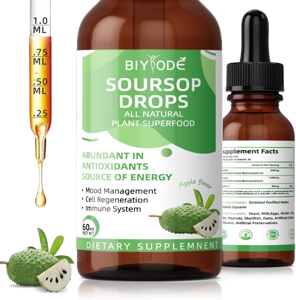 Soursop Graviola液滴:1800mg Premium Antioxidant 支持免疫健康文摘 放松睡眠 维根·格卢滕 无糖 1 Fl Oz 30天供应