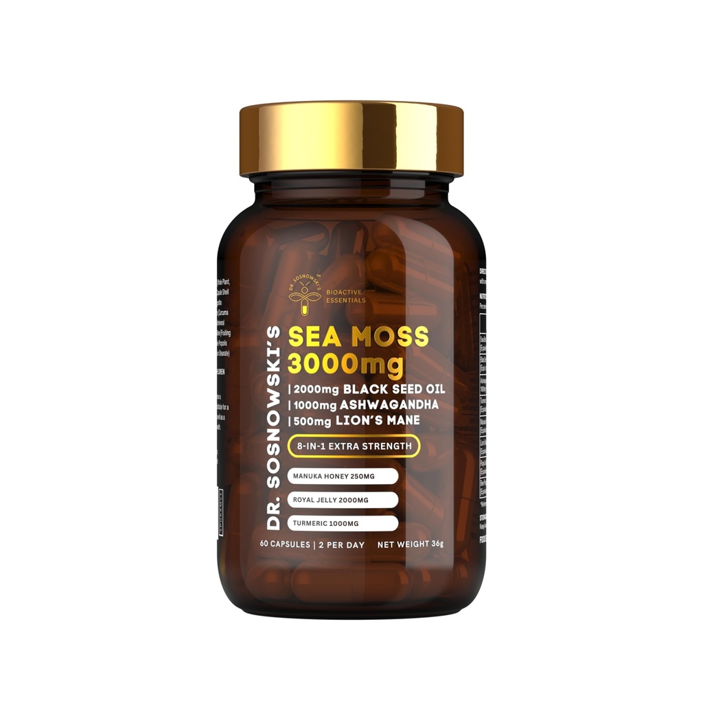索斯诺夫斯基博士的生物活性海 Moss → 8-in-1 配方丰富了黑种子, Ashwagandha, Turmeric, Manuka Honey, Lion's Mane, Royal Jelly, Bee Propolis extraction → 60 Capsules