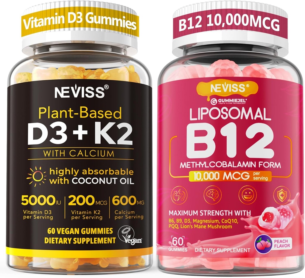 NEVISS 2 Pack 维生素 D3 5000iu & K2(as MK7) 200mcg Gummys + 600mg Calcium + 1 Pack Liposomal 甲基 B12 5000 mcg/1000 mcg