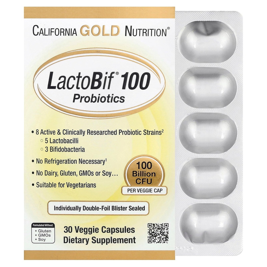 加利福尼亚金营养 LactoBif Probiotics, 100 Blion CPU, 8 活性与临床研究 Probiotic Strains, 无糖, 蔬菜, 个人双油脂密封, 30 个 Veggie Capsules