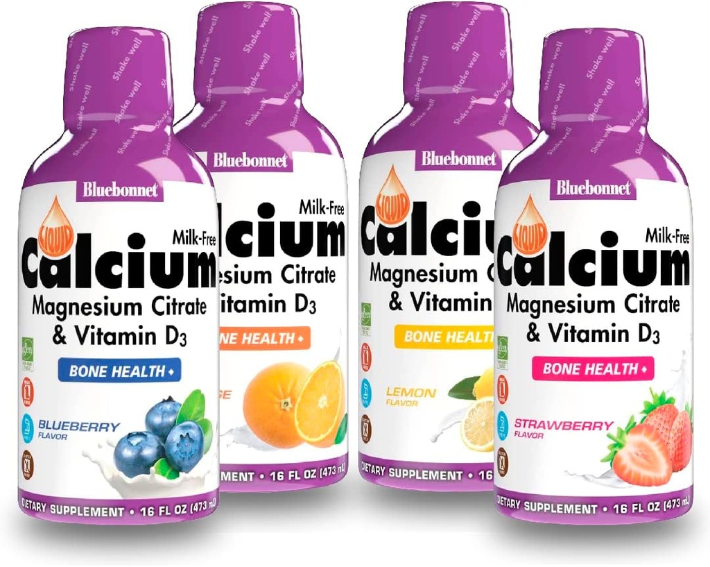 Bluebonnet 营养 液态钙 Citrate Magnesium Citrate, Vitamin D3, Bone Health - Bundle of Orange, Blueberry, Lemon and Strawberry Flavor, 4瓶16 Fl Oz Each (64 Fl Oz 共计)