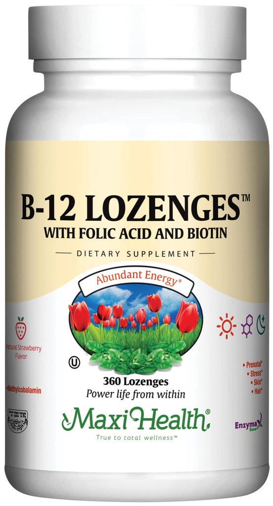 Maxi 健康 维生素 B12 含叶酸和生物素的Lozenges - 亚语 B12 维生素草莓 Flavor - 蔬菜 Kosher B 12 维生素用于红血细胞生产和能量(360计)