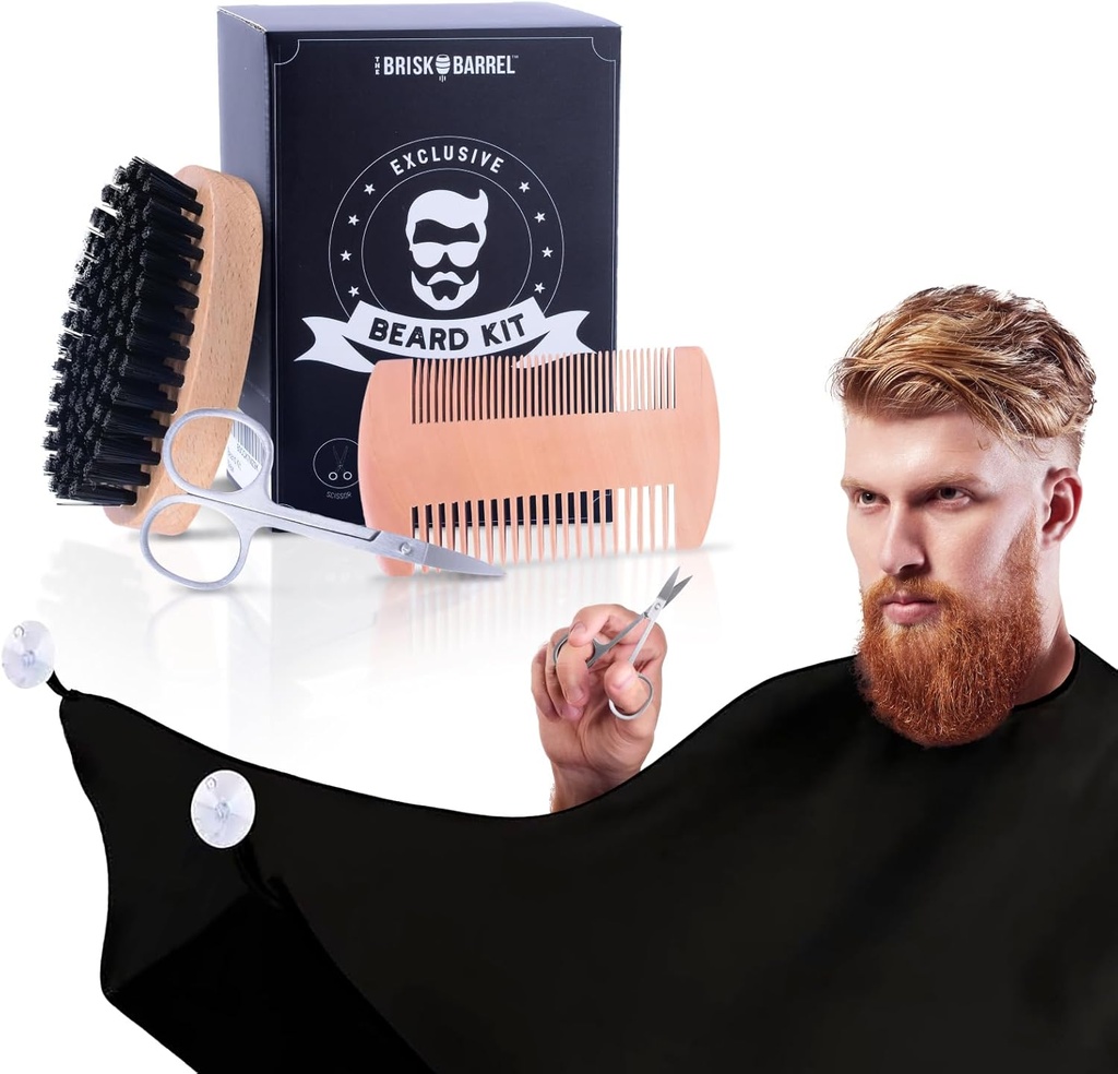 胡子Grooming Kit for Men 4 in 1. 胡子刷和Comb Set 配有Messy Free Bib Apron,Mustache剪刀. 自然笔刷和双重动作Comb. 男子扫帚. 给丈夫的礼物,