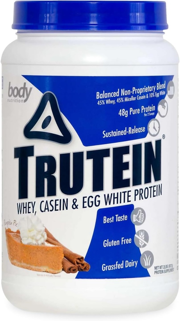 体营养 特鲁特因高蛋白粉:45% Whey,45% Casein,10% Egg White, Gluten-Free, Low Sodium, Grass Fed Whey蛋白粉, Gym 补充和早餐摇摆,南瓜派, 2lb
