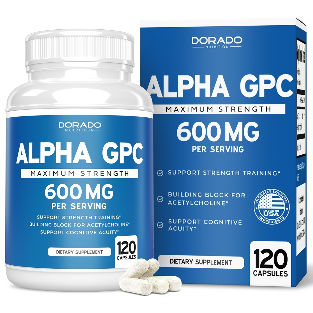 Alpha GPC Choline Capsules - 120 计数,600mg 服务(支持焦点,记忆,动机,和能量的大脑支持援助)(第三方测试,Vegan Safe Made in the United States)大脑支持补编