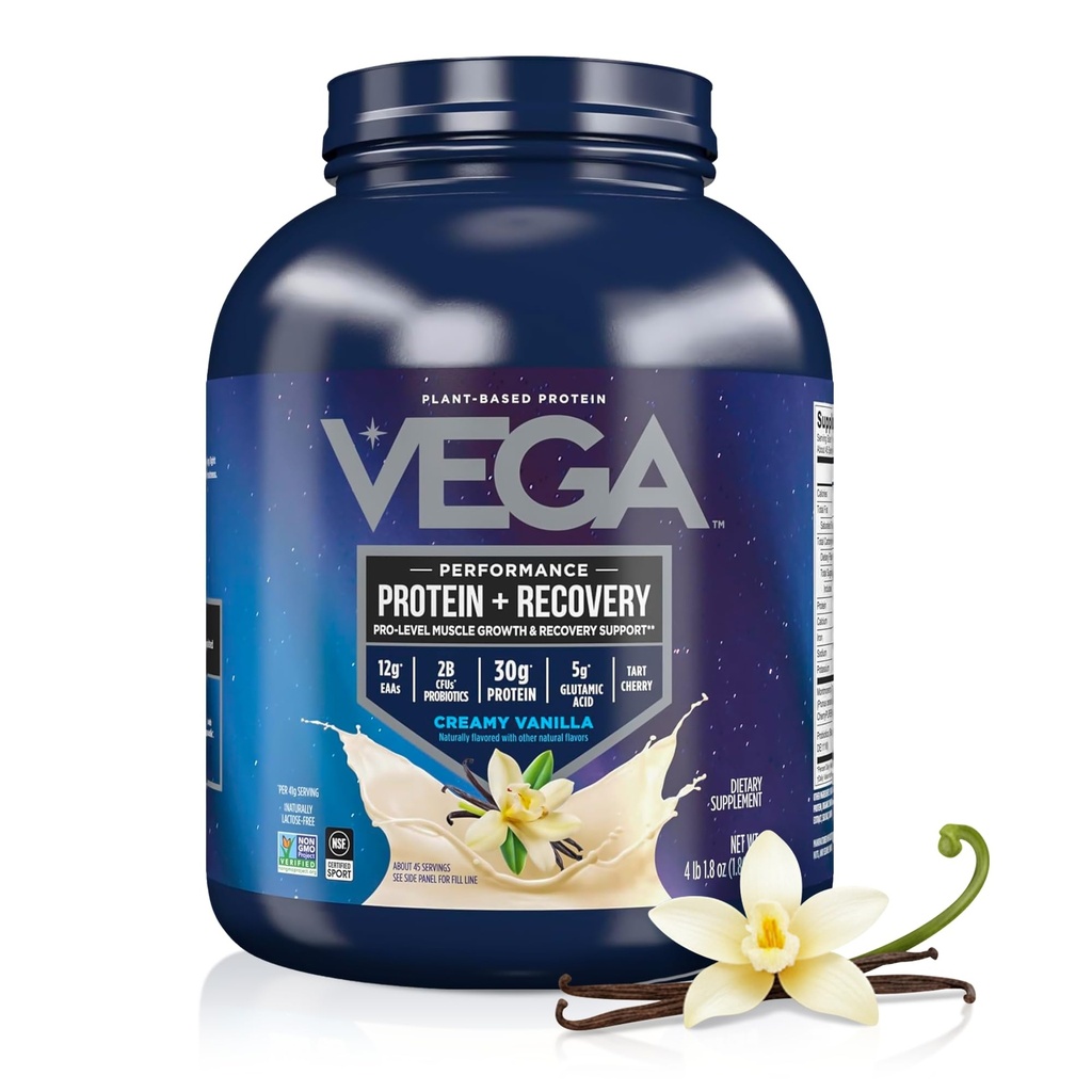 Vega Sport Vegan蛋白粉+恢复-每服30g植物蛋白,香草,45名服务者,5gBCAAs,Probiotics,NSF认证,用于摇摆和滑动,4.1升(包装5月Vary)