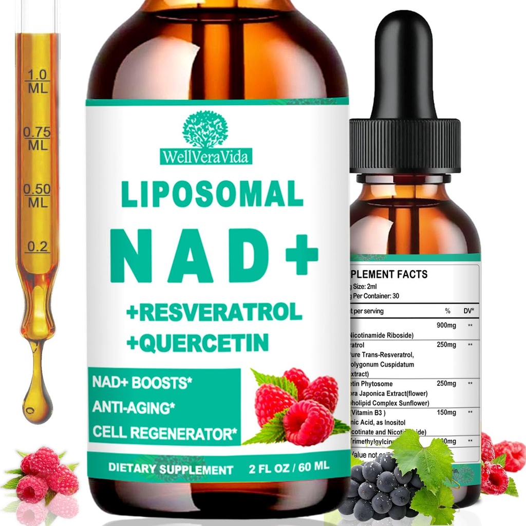 NAD 女性和男性补编, Liposomal NAD Nicotinamide Riboside Resveratrol 900mg, TMG, Quercetin, Vitamin B3, 有机液体NAD Resveratrol 长寿,能源,抗衰老,焦点补编