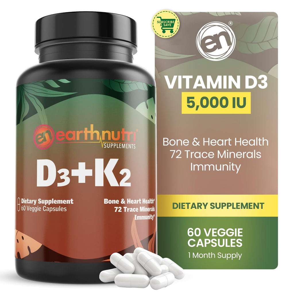 EarthNutri维生素D3 K2 Supplement 5000 IU – 包括来自MENA Q7的K2,来自Vitashine的D3,来自Aquamin & 72 Trace Minerals的钙,用于Imune,Bone & Heart Health – Non-GMO – 60 Veg Capsules