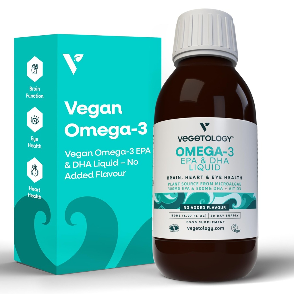 Vegen Omega 3 液体,来自微藻,800毫克,EPA DHA,有维生素D3,支持心,脑和眼健康,天然鱼油替代品,英国制造,无味