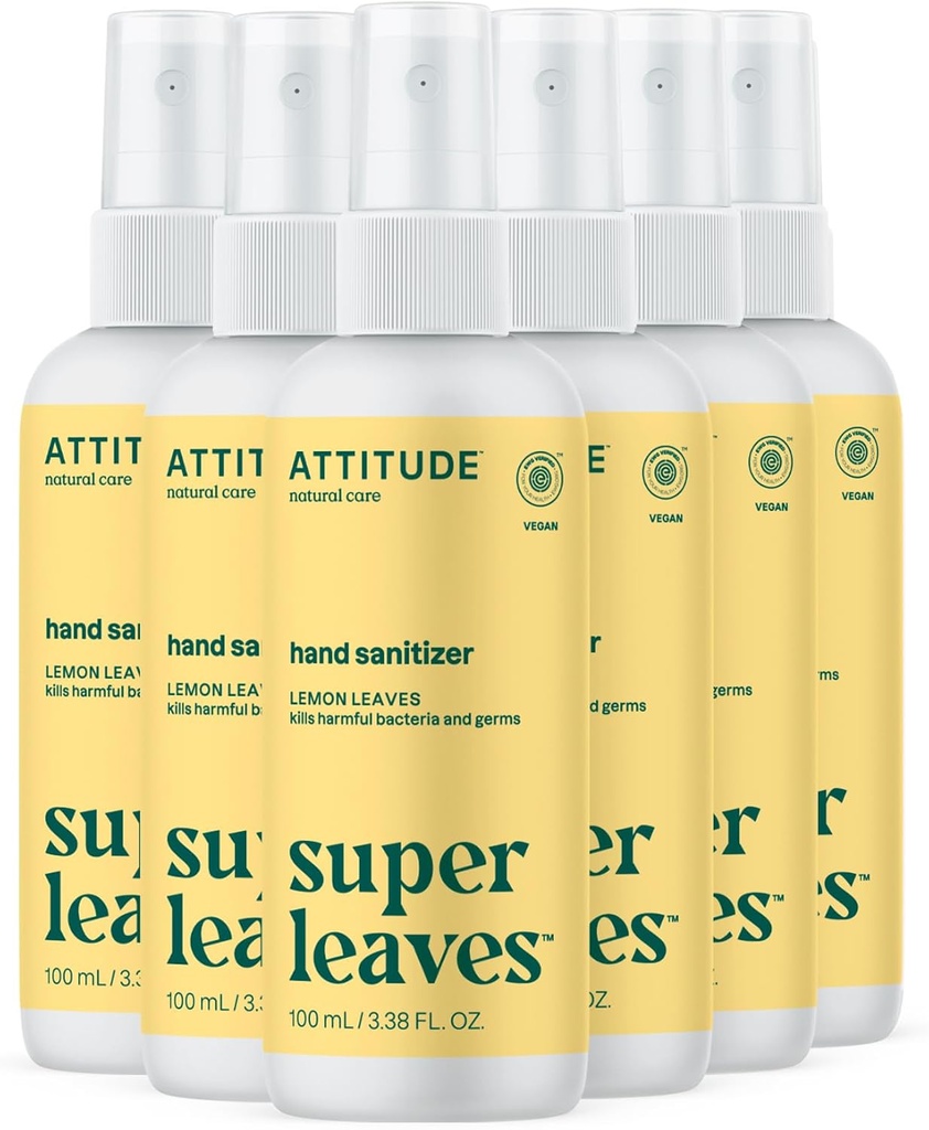 ATTITUDE 成人和儿童手卫生喷洒器,EWG 验证,杀菌和革姆斯,维冈,柠檬叶,3.38 Fl Oz (Spray Bottle) (Pack of 6)