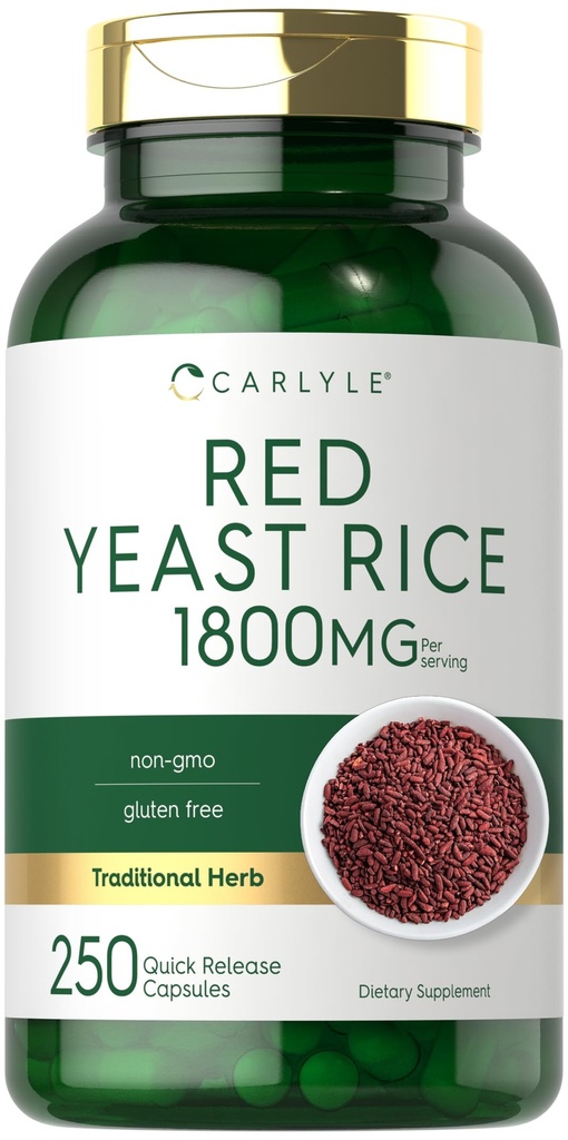 Carlyle Red Yeast Rice Supplement → 1800 mg → 250 capsules → Non-GMO & Gluten Free (无糖草)