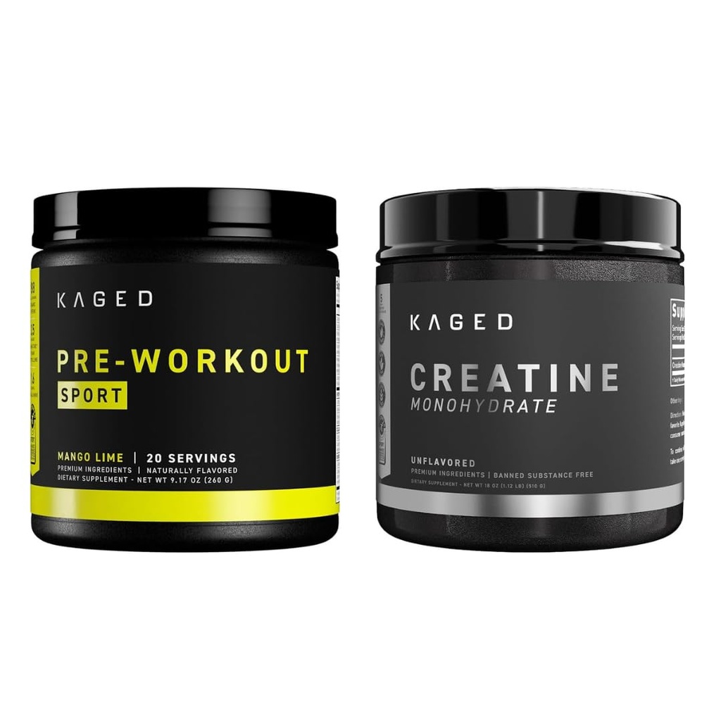 Kaged Pre Sport Pre Working Powder Mango Lime Creatine 单水合物 微水合物 微粉盒 能量和肌肉恢复补充包 20 service Pre-workout + 100 service Creatine