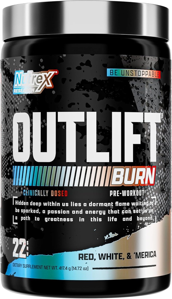 Nutrex Outlift Burn pre-workout supplex for Energy, Focus & Endurance → Metabolyte, L-Citrulline, Beta-Alanine & Cafeine → 性能热成性公式(22种服务,红白梅里卡)