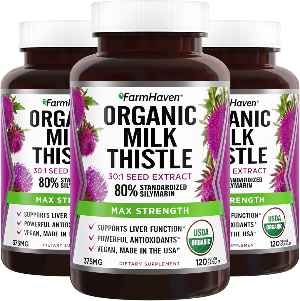 Farm Haven USDA Organical Milk Thatle Capsules + 30X 集中种子提取和80%Silymarin标准化 - 支持肝功能和总体健康 + 360 Vegan Capsules