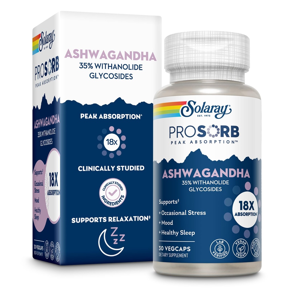 SOLARAY Ashwagandha Capsules 18X 吸收 - Ashwagandha Root和叶片 240 mg - 偶尔减轻压力和木质支持补编 - Vegan, 60天保障 - 30名服务员, 30名Veg Caps