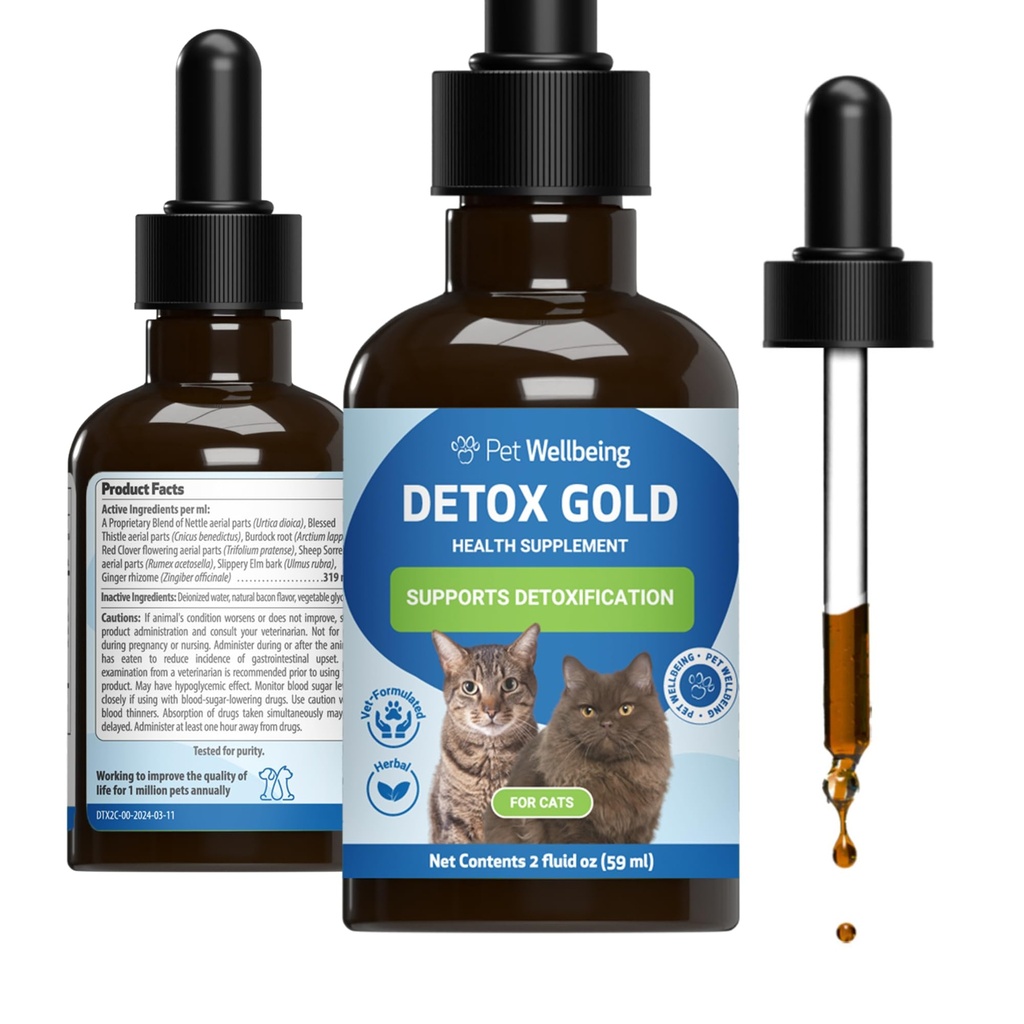 Petwelling Detox Gold for Cats - Gentle 解毒与消除支持, Immune System Care, Nettle, Blessed Thetle, Burdock Root - 兽医-拟制草药补充剂 2 oz (59 ml)