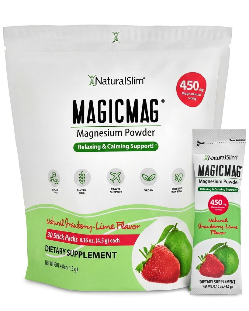 NaturalSlim Magig Magnesium Packets 30 Stick Pack Magnesium Citrate Powder – 压力、便秘、肌肉、心脏健康和睡眠支持 → 天然草莓和莱姆火焰镁补充品
