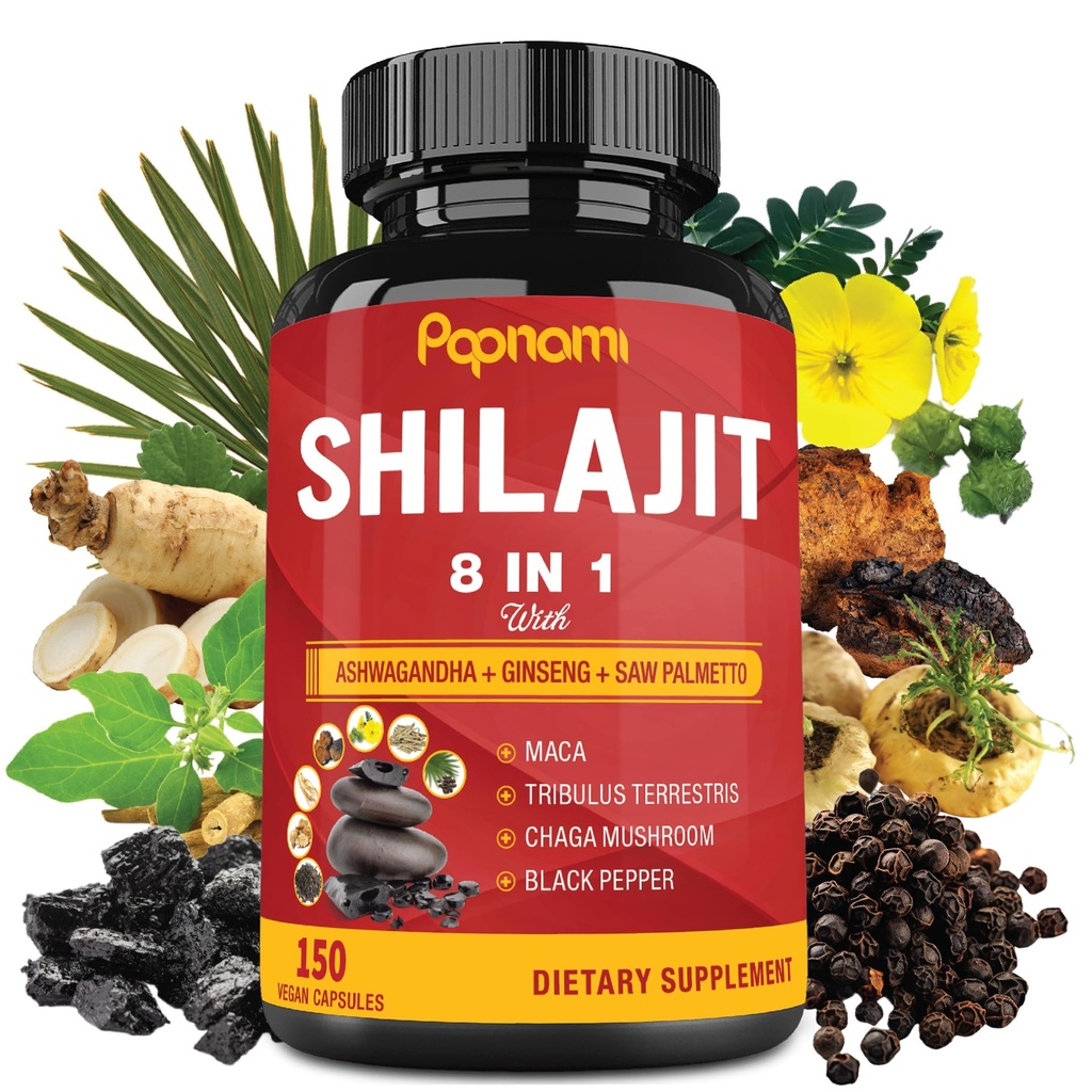 Shilajit 喜马拉雅山男女补充 -- -- 150 Capsules 组合 Ashwagandha, Ginseng, Saw Palmetto, Maca, Tribulus, Chaga & Black Pepper -- -- 生命能量和免疫支持